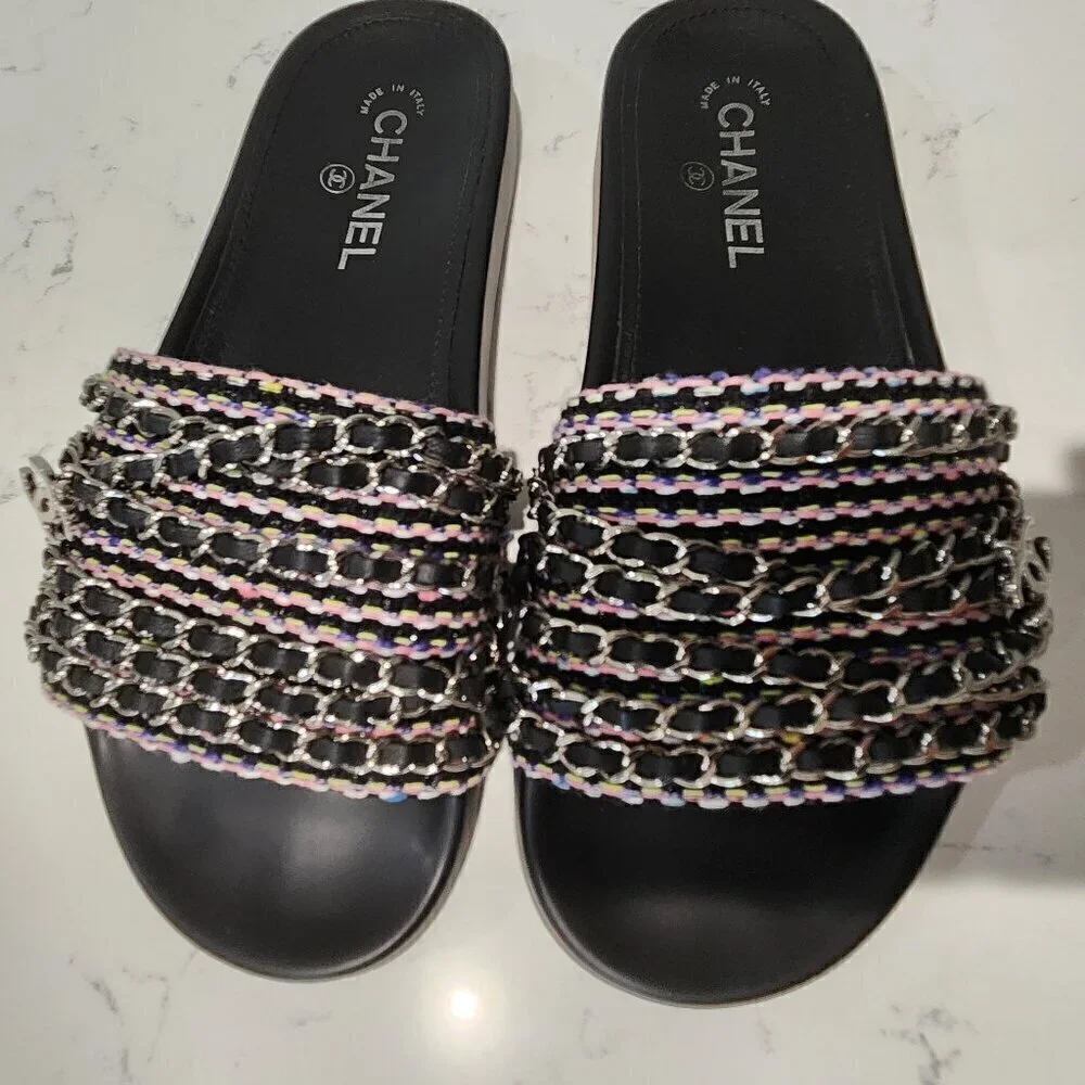 Chanel Leather & Tweed Black Slides, Authentic